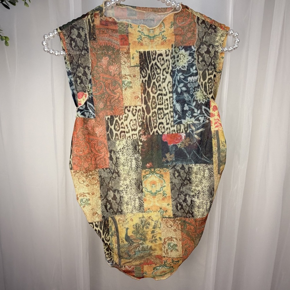 Shein Sheer Tank Top L Abstract Asym Hem Y2K Surf Artsy Layered Sleeveless